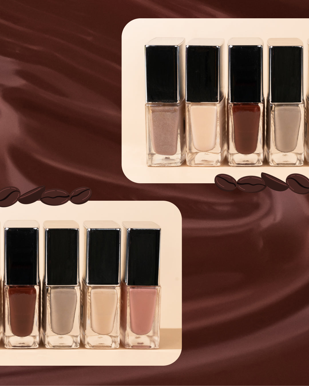 Butter London nail polishes in a coffee themed collage with beige frames on a brown backdrop and coffee bean accents