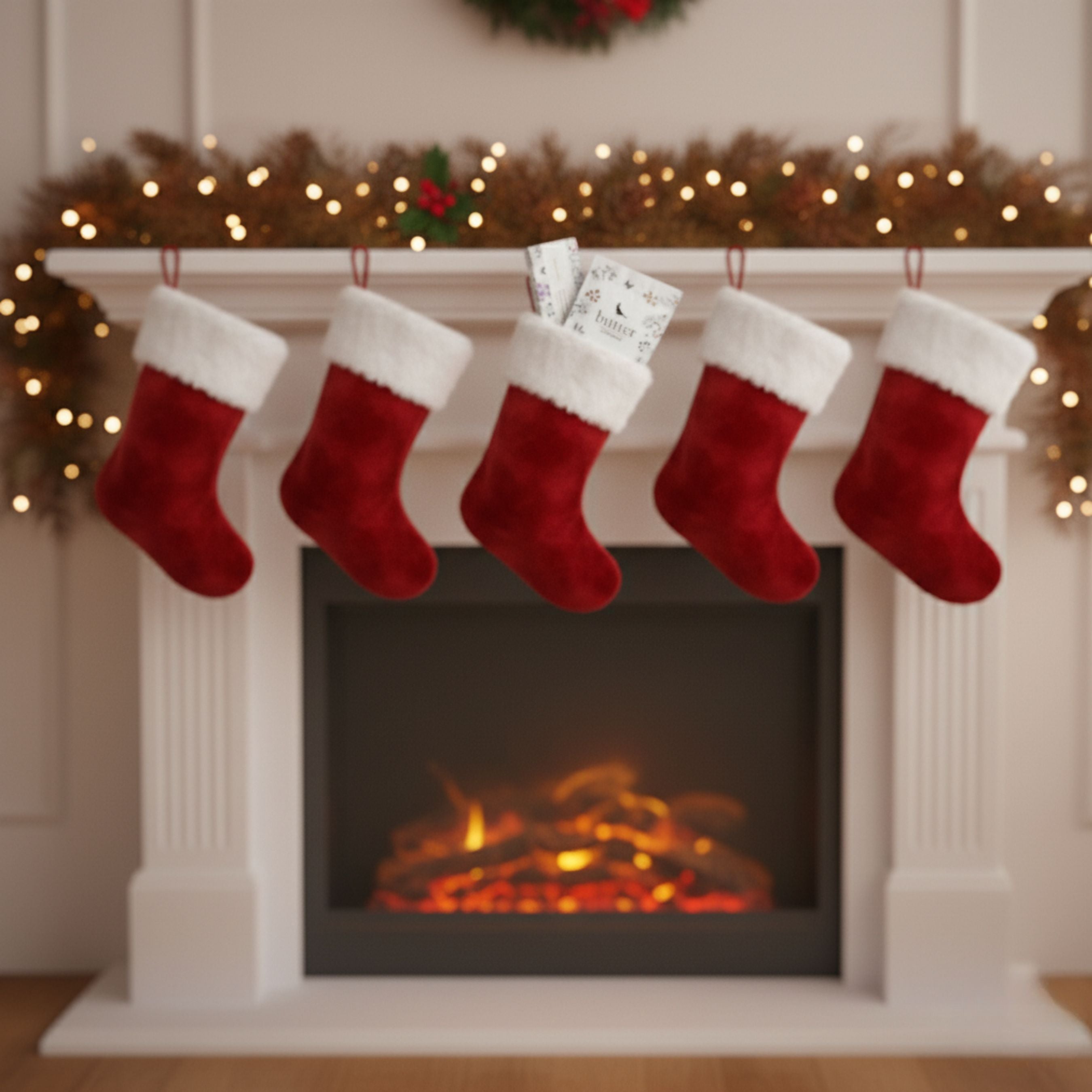 Row of red Christmas stockings hanging from a white mantel with a warm fireplace glow in the background