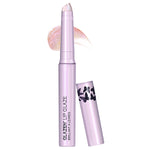 Fairy Dust Glazen Lip Glaze lilac tube with wand extended and iridescent pearly gloss swatch