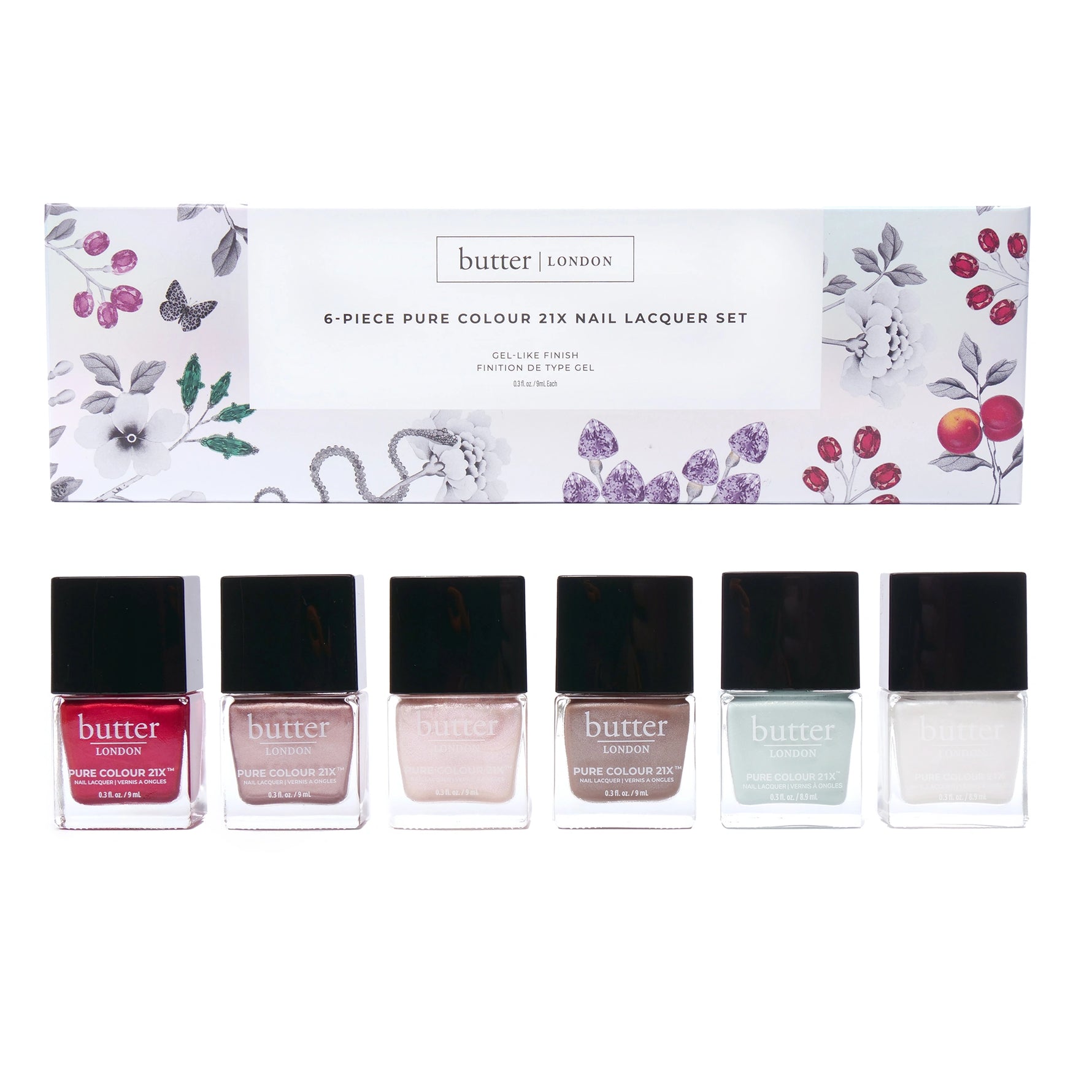 Butter London Holiday Sparkles 6 Piece Pure Colour 21X Nail Lacquer Set box with floral artwork and six bottles