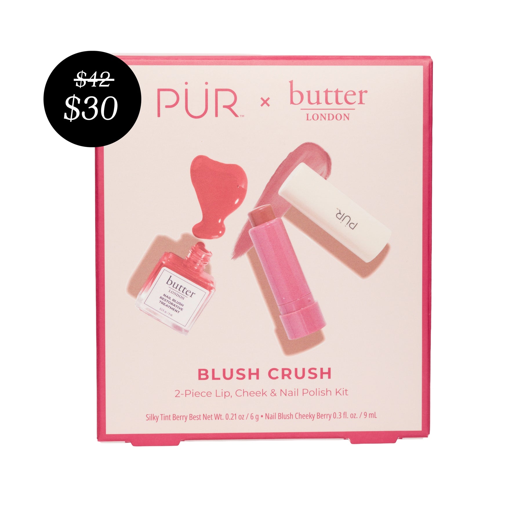 PÜR x butter LONDON Blush Crush (Berry) kit packaging with price tag on a white background