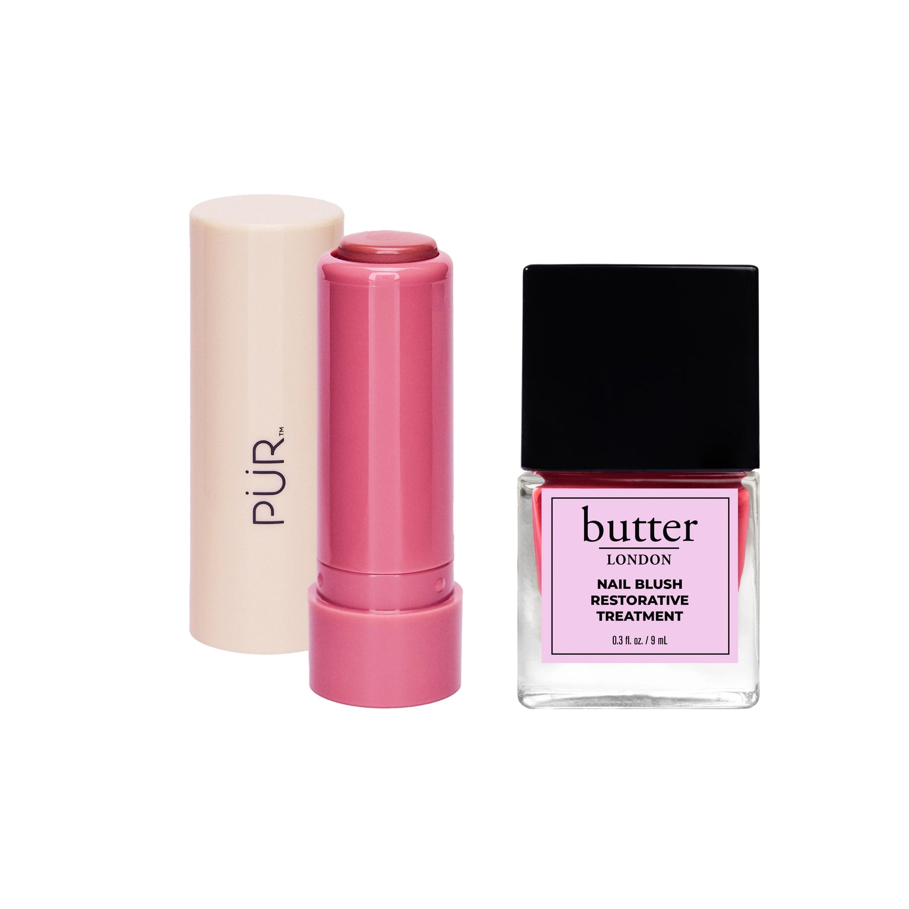 PÜR x butter LONDON Blush Crush - Silky Tint Berry Best and Nail Blush Cheeky Berry against white background