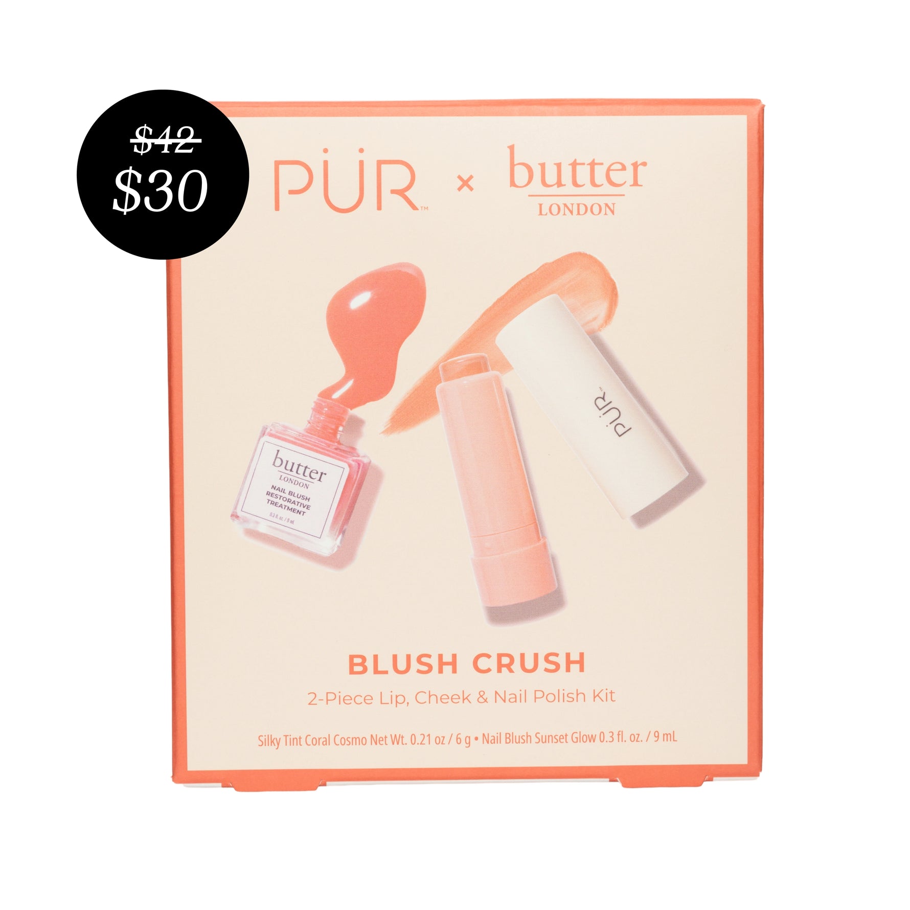 PÜR x butter LONDON Blush Crush (Peach) kit packaging with price tag on a white background