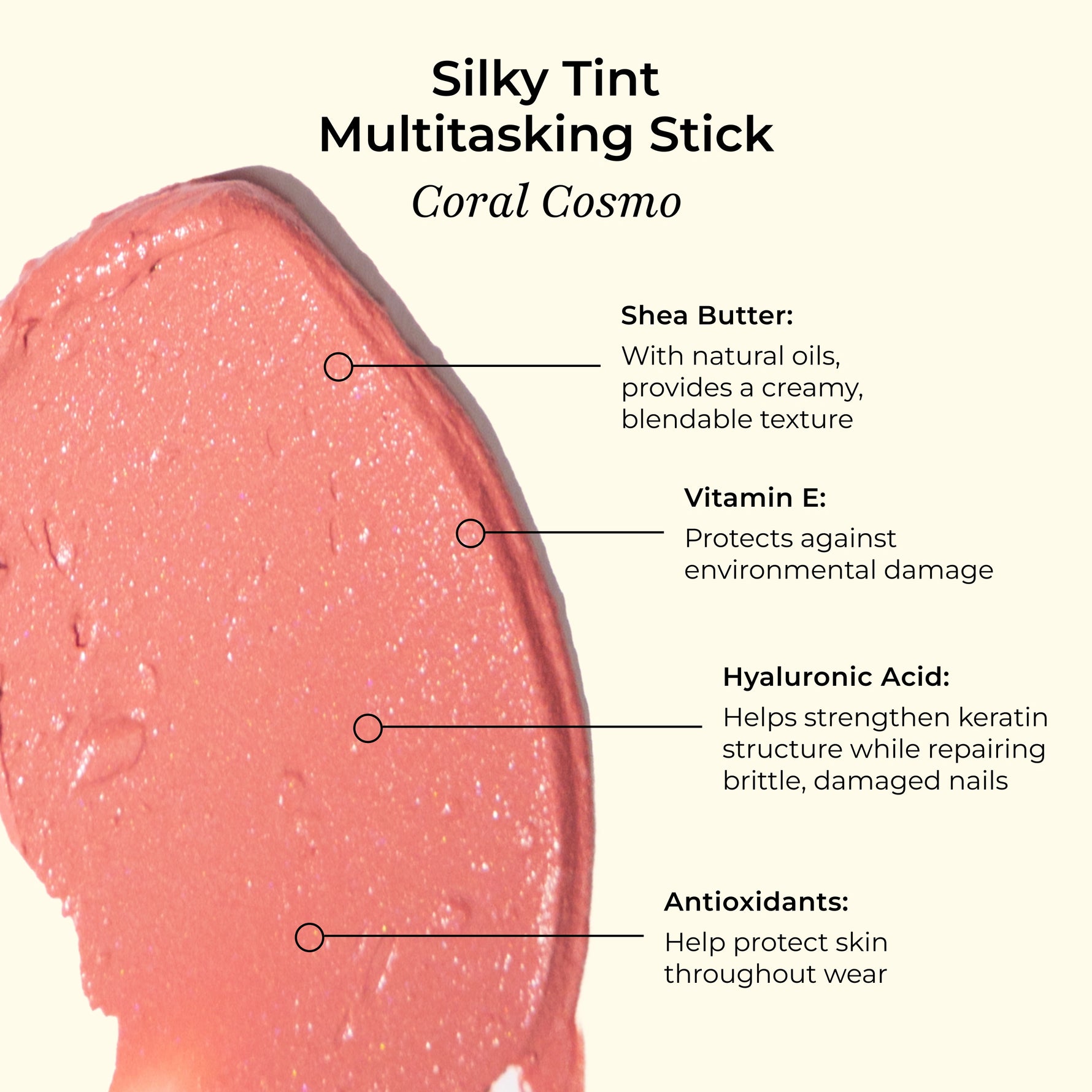 Silky Tint Multitasking Stick (Coral Cosmo) ingredient infographic