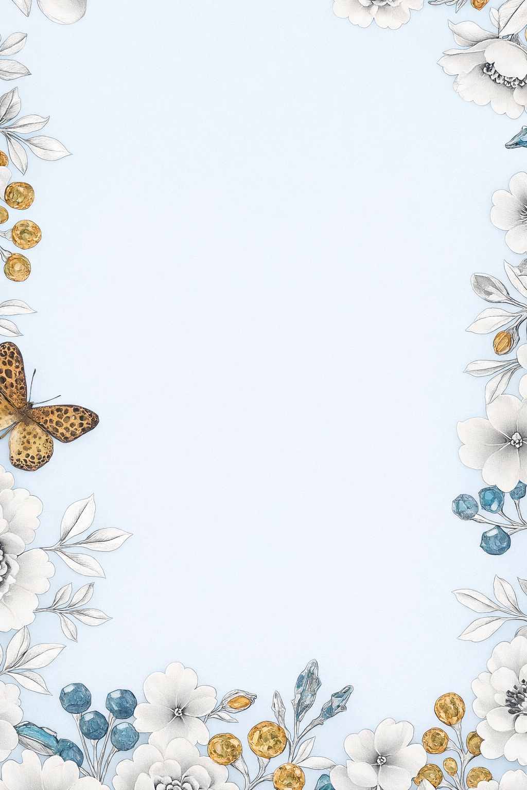 Light blue background with frame of florals and gemstones