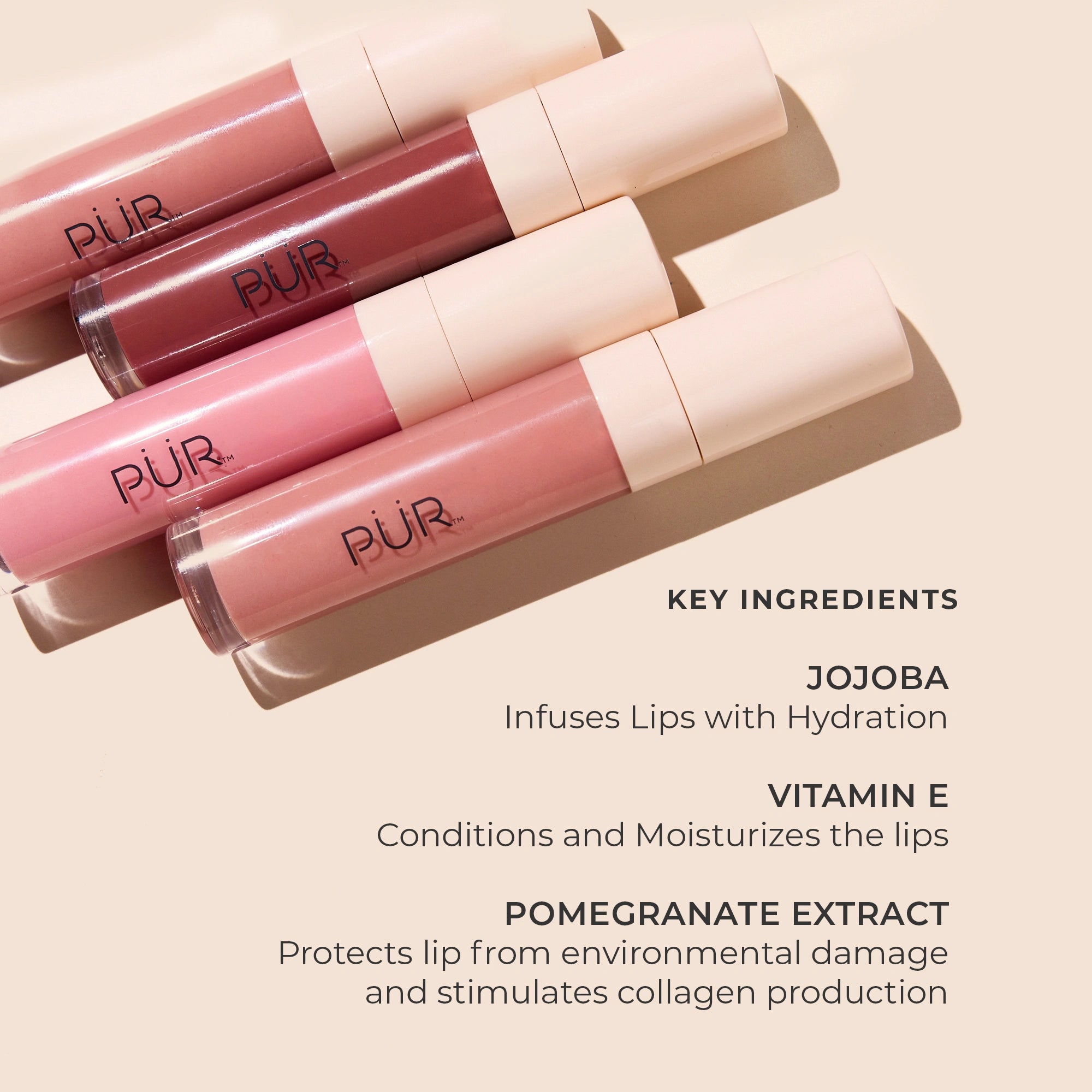 PUR lip glosses with key ingredients listed on a beige background -Jojoba, Vitamin E, & Pomegranate Extract 