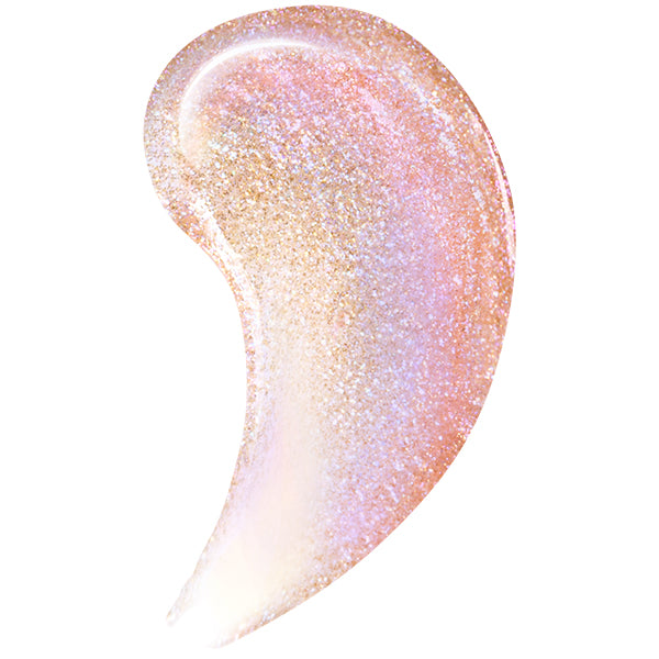 Iridescent pearly lip glaze swatch with pink gold shimmer