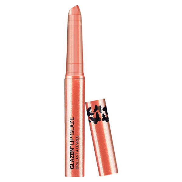Opened Rose Dust Glazen Lip Glaze tube in rose gold with peachy pink shimmer