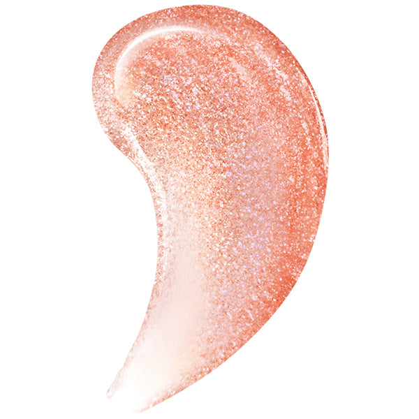 Iridescent peach pink lip gloss swatch with multidimensional sparkle