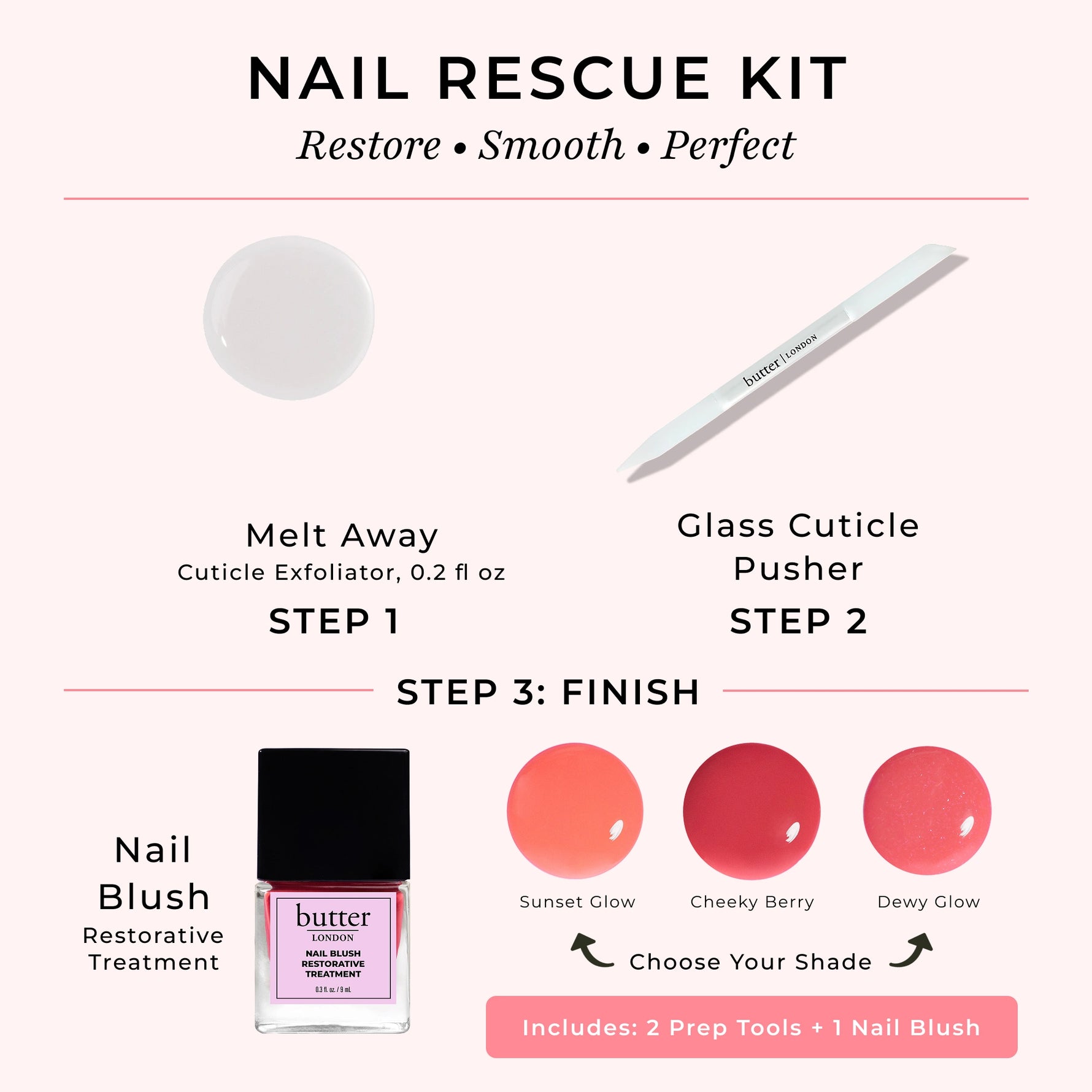 Nail Rescue Kit - Melt Away Cuticle Exfoliator, Glass Cuticle Pusher, and Nail Blush Restorative Treatment bundle