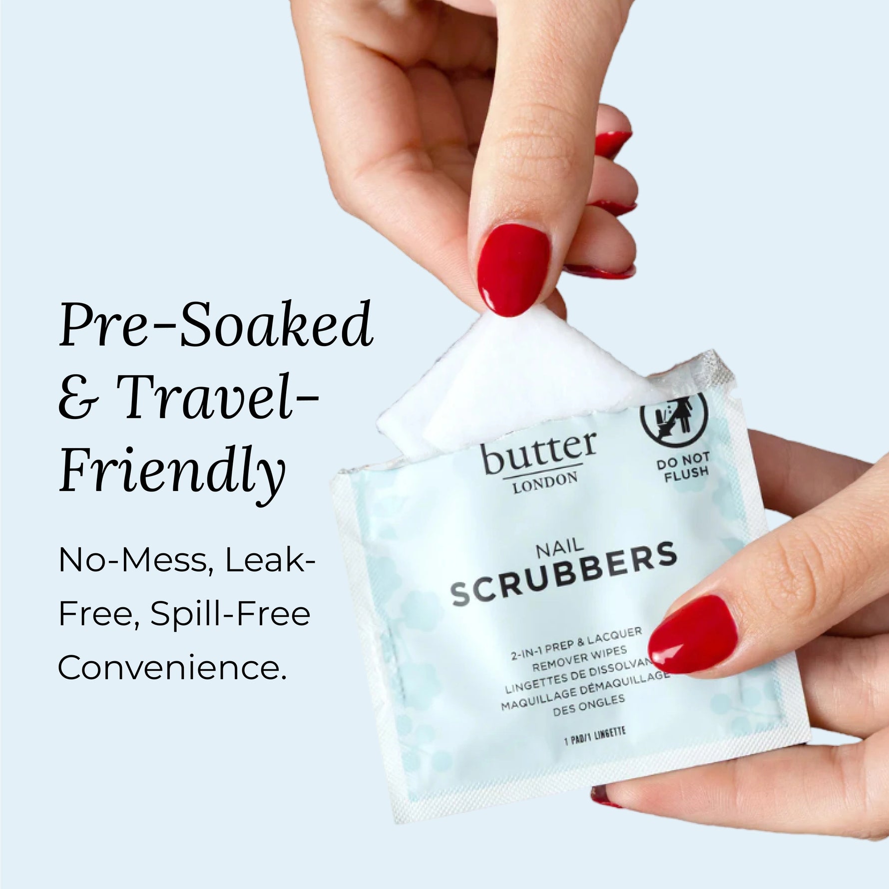 Butter LONDON Nail Scrubbers - Nail scrubbers with text highlighting features on a light blue background