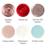 Swatches from the Holiday Sparkles PC21X Nail Lacquer Set showing Bubbly Rose Knees Up and All Hail The Queen with additional shades below