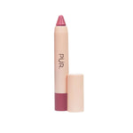 Lip crayon with pink bullet tip extended from a beige barrel against a white background