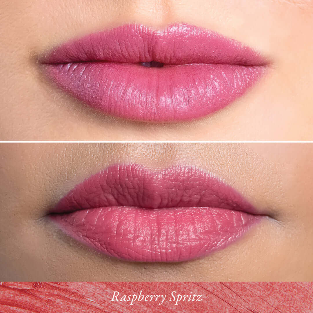 Close-up of lips wearing Raspberry Spritz shade from Silky Pout Creamy Lip Chubby.