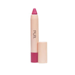 Pink lip crayon with exposed bullet and open cap on a pale tube