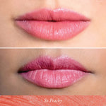 Two close up shots of lips wearing pink peach lip color showing soft and bold finishes